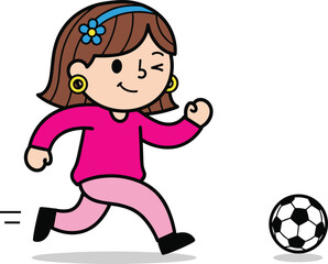 Happy little girl kicking a soccer ball, enjoying a fun sports activity on a sunny day in an open field.
