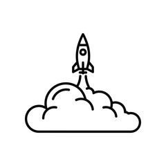 Rocket Launch Icon: The image depicts a bold, black and white icon of a rocket blasting off through a cloud of smoke, set against a clean backdrop.