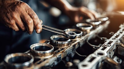 Fototapeta premium Close-Up of Mechanic Hand Using Wrench on Engine Parts in Automotive Workshop Setting
