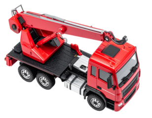 Top-Down View of Red Toy Tow Truck with Folded Crane, isolated on white background