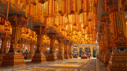Fototapeta premium navaratri temple garlands, temple decorated with marigold flowers