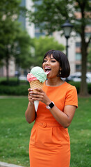 Fototapeta premium Young black woman enjoying ice cream cone while smiling outdoors 