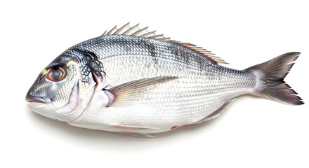 Obraz premium A close-up studio shot of a whole, fresh, silver-scaled fish with fins, isolated on white.