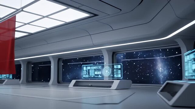 Futuristic space station control room interior with a large window showing stars and a Chinese flag.