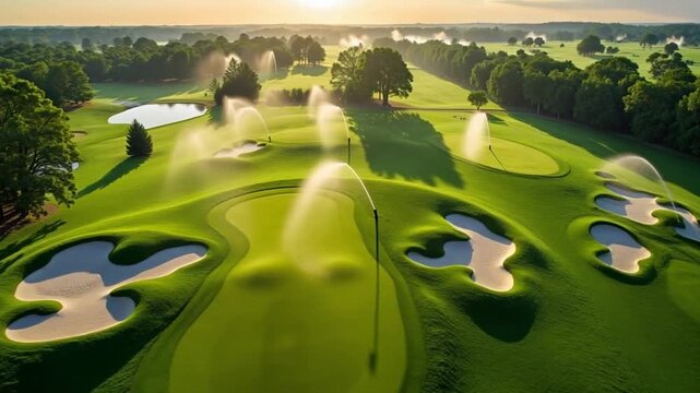 Stunning aerial view of a vibrant golf course with water sprinklers and sand traps