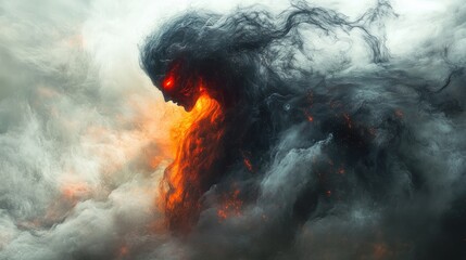Dark, fiery entity shrouded in smoke