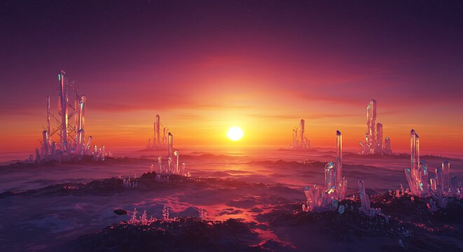 A surreal landscape featuring crystalline structures rising from a misty, purple-hued ground under a vibrant orange and purple sunset.