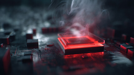 Red glowing CPU emitting smoke surrounded by blurred circuits showing dramatic technology failure needing intervention