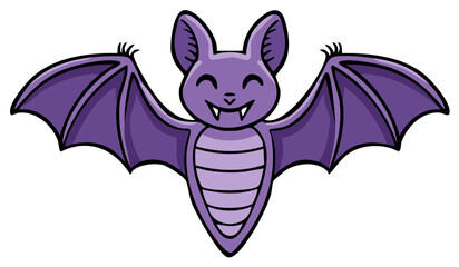 Cute purple cartoon bat with spread wings and happy expression