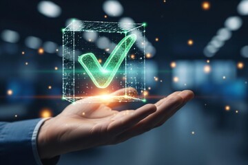 Digital checkmark in hand symbolizes success and approval