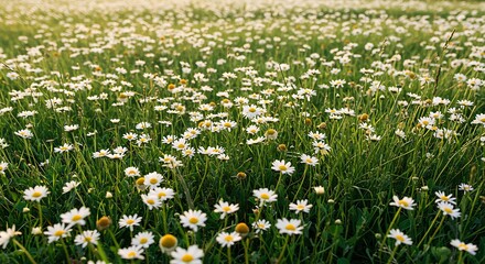 A field of white daisies in full bloom, their petals bright against the green grass, bathed in soft sunlight.