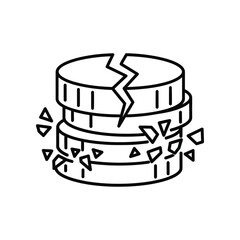 Cracked Coin Pile: A symbolic line art illustration depicting a stack of coins, fractured with a central crack, representing financial ruin, economic downturn, or the fragility of wealth. 