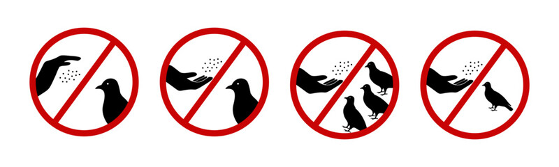 Stop, do not feed dove. No Hand feeds. Animal Forbidden, do not feed the birds on street city. Pigeons warning sign. Vector birds icons. Caution signbaord. Prohibited. Cross vector
