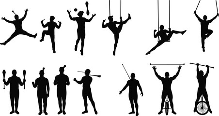Circus acrobat silhouettes, jugglers, trapeze artists, unicyclists, performers, entertainers, carnival show, stage act, balance skills, circus performance, festival art
