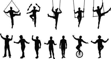 Circus performer silhouettes, acrobat juggler unicyclist trapeze artist, entertainment show, stage performance, carnival illustration, balance skills, circus art, festival entertainment