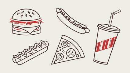 A stylized collection of fast food icons including a burger hot dogs pizza slice and a soda cup with straw