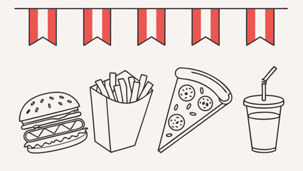 A festive line art illustration of fast food favorites including a burger fries pizza and drink under bunting