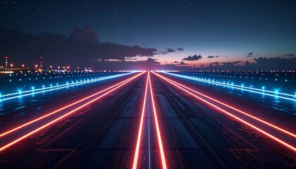 Dynamic view of an empty airport runway at night with vibrant neon red and blue lights creating a sense of speed and motion