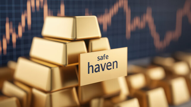 A visual representation of gold bars with a "safe haven" sign, illustrating the concept of gold as a reliable investment amidst market fluctuations