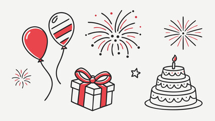 Collection of festive hand drawn birthday elements including balloons fireworks gift box and tiered cake