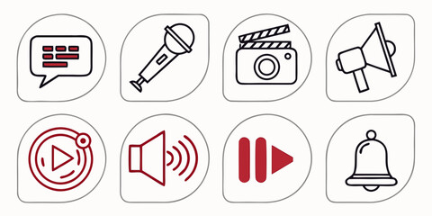 Collection of modern outline icons representing communication media entertainment and notification elements