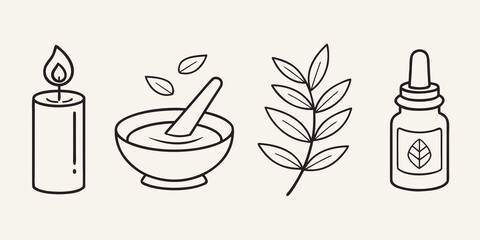 Collection of simple line art icons representing natural wellness and aromatherapy with a candle mortar and pestle plant and essential oil bottle
