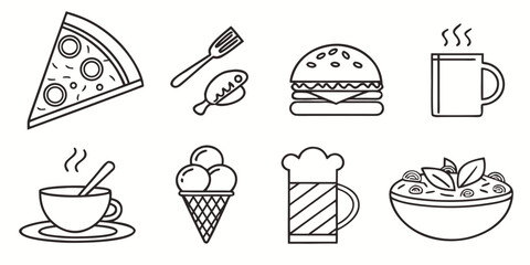 Collection of simple outline icons representing various popular food and drink items including pizza burger ice cream and coffee