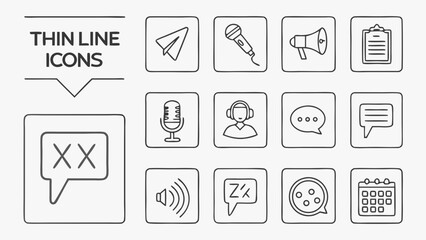 Collection of thin line icons representing communication broadcasting and scheduling for digital use