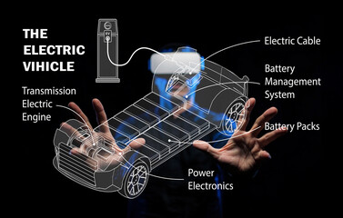 Detailed Illustration of Electric Vehicle Components with Transparent Design Highlighting Key Features Like Battery Packs and Power Electronics