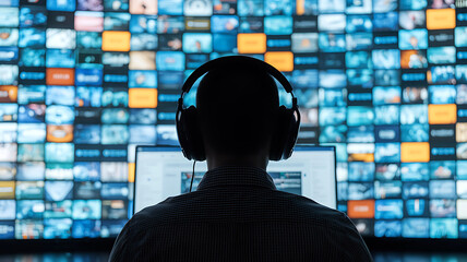 Analyst monitoring data streams with headphones in front of a wall of video feeds