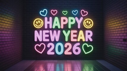 Happy new year 2026 neon sign with hearts and smiley faces glowing in a dark room