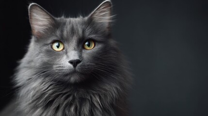 Close Up Portrait of Gray Long Haired Cat with Bright Yellow Green Eyes