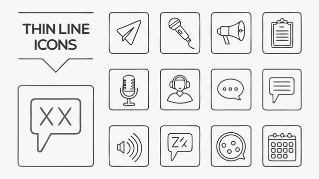 Collection of thin line icons representing communication broadcasting and scheduling for digital use
