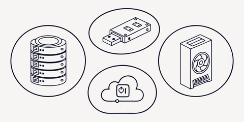 Digital technology icons including server rack usb flash drive cloud storage and computer tower with fan