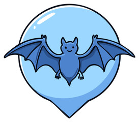 Fototapeta premium Cartoon bat illustration inside light blue pin location symbol