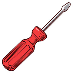 Fototapeta premium Illustration of a versatile flathead screwdriver with a vibrant red handle, showcasing tools for household repairs.