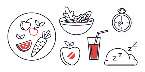 Healthy lifestyle icons showing balanced diet sleep exercise and hydration for wellness