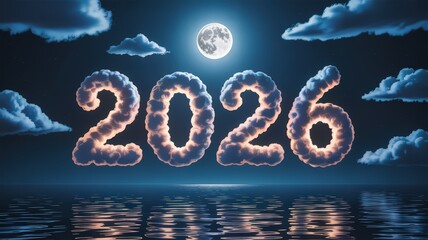 The year 2026 represented by fluffy clouds under a full moon on a starry night sky over the ocean