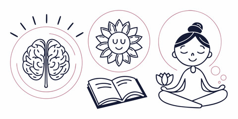 Illustration of a person meditating with a book and a smiling sunflower representing mental well being and knowledge