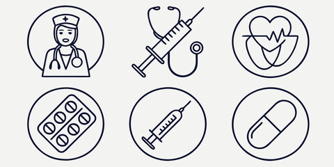 Set of medical icons featuring a doctor stethoscope syringe heart rhythm pills and capsule
