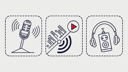 Set of three hand drawn icons representing podcasting and audio broadcasting with microphone sound waves and headphones