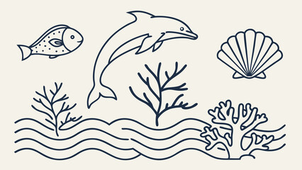 Stylized marine life illustration featuring a jumping dolphin fish seashell coral and wavy water lines