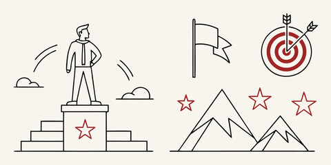 Successful businessman standing on podium surrounded by symbols of achievement like mountains stars flag and target