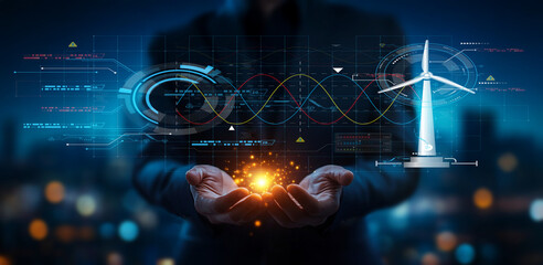 Businessperson with Wind Turbine Concept on Futuristic Interface, Digital Data Visualization and Energy Transformation in Modern Urban Setting