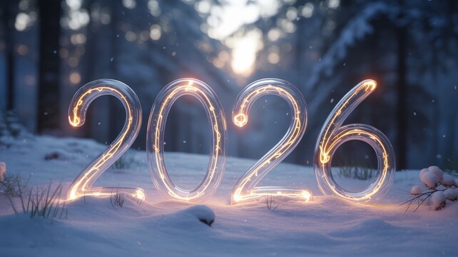 Glowing 2026 numbers in a snowy forest at sunrise, symbolizing the new year