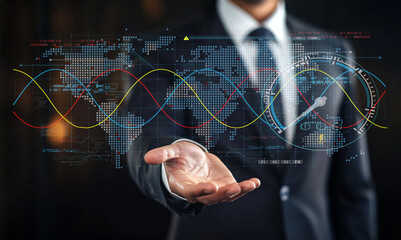 Businessman Presenting Digital Data with World Map and Graphs in Background for Technology, Finance, and Analytics Concepts