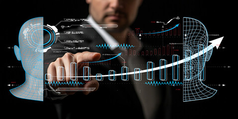 Businessman Using Futuristic Technology to Analyze Data on a Transparent Screen with Graphs and Digital Interfaces
