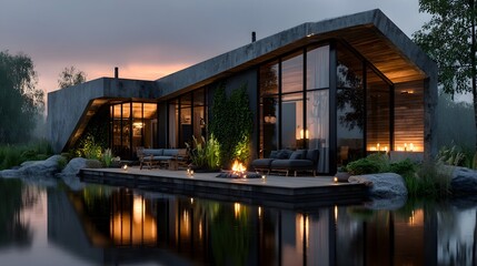 Obraz premium Contemporary Riverside Villa 3D Render | Evening Modern House Exterior by Water | Photorealistic Architecture CGI