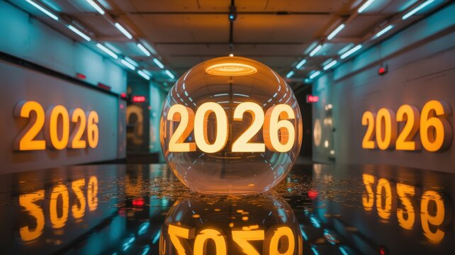 Futuristic glowing tunnel with the year 2026 reflected in a crystal ball and on the walls