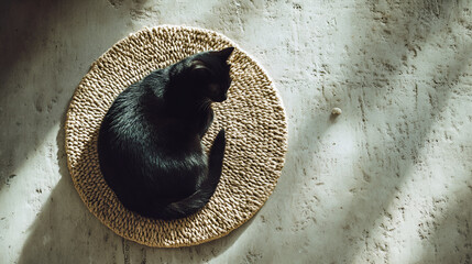 A black cat rests on a woven mat against a textured wall with sunlight